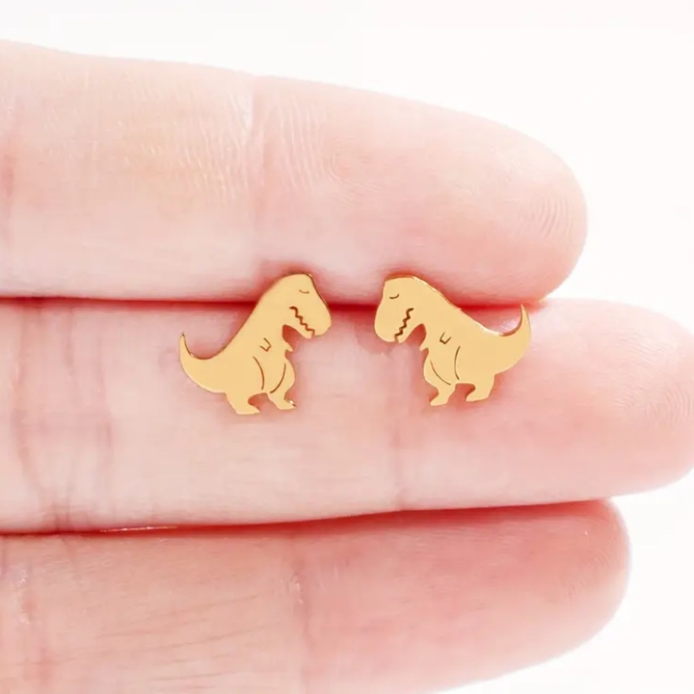NEW Dainty Dinosaur stud Earrings Stainless Steel Gold color T Rex - Boutique